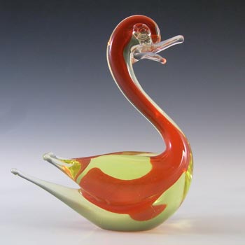 Galliano Ferro Murano Red & Uranium Yellow Sommerso Glass Swan