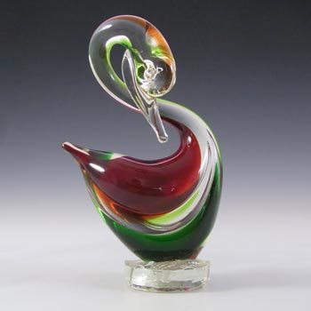 Murano Retro Green & Red Vintage Glass Swan Figurine - Label