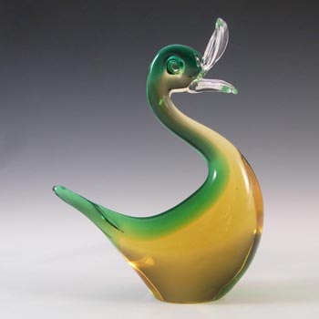 Murano 1950's Green & Amber Vintage Glass Duck Sculpture