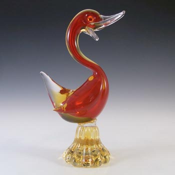 Murano Tall Red & Amber Sommerso Glass Swan Sculpture