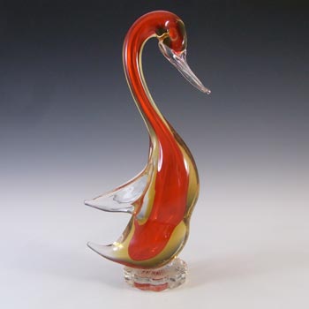Murano Red & Amber Vintage Sommerso Glass Swan Sculpture