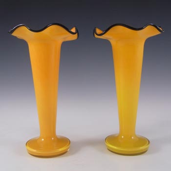 Welz Pair of Czech Orange & Black Glass Tango Vases