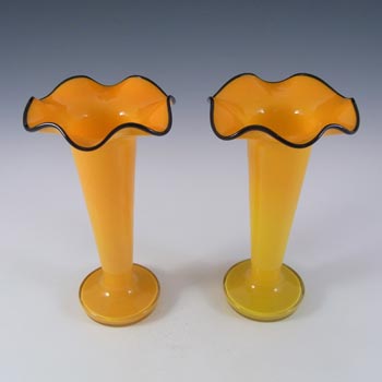 Welz Pair of Czech Orange & Black Glass Tango Vases