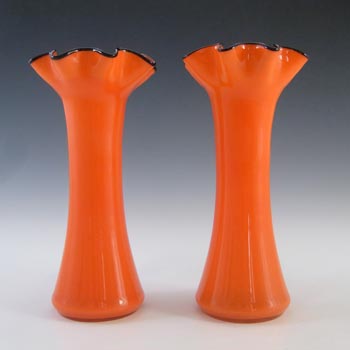 Pair of Czech 1930's/40's Orange & Black Glass Tango Vases