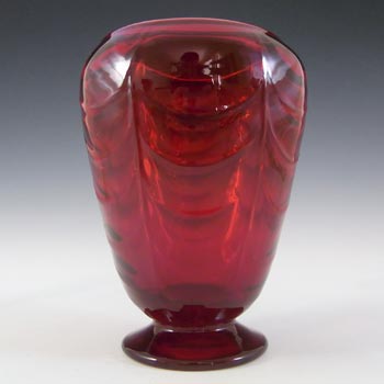 Whitefriars #9358 Ruby Red Glass Wave Ribbed Footed Vase