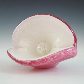 AVEM Murano Pink & White Silver Leaf Glass Clam Vase & Pearl