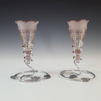 Bagley #3187 Pair of Art Deco Pink Glass & Chrome 'Katherine' Vases
