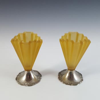 Bagley #334 Pair of Art Deco Amber Glass & Chrome 'Grantham' Vases