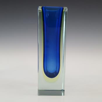 (image for) Murano Faceted Blue & Uranium Green Sommerso Glass Block Vase