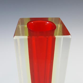 Murano Faceted Red & Uranium Yellow Sommerso Glass Block Vase