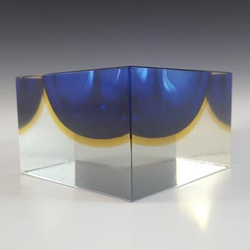 Murano Faceted Blue & Amber Sommerso Glass Block Bowl
