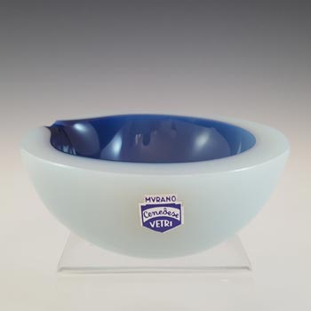 SIGNED Cenedese Murano Blue & White Sommerso Glass Geode Bowl