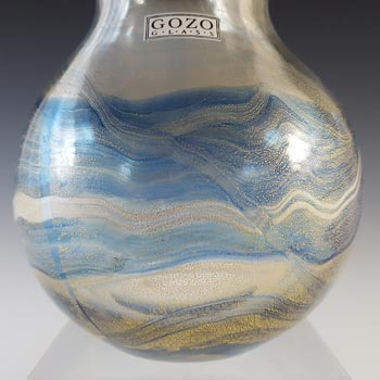 SIGNED + LABELLED Gozo Blue Glass & Gold Leaf Vintage Vase
