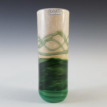 SIGNED + LABELLED Gozo Cream & Green Glass \'Springtime\' Vase