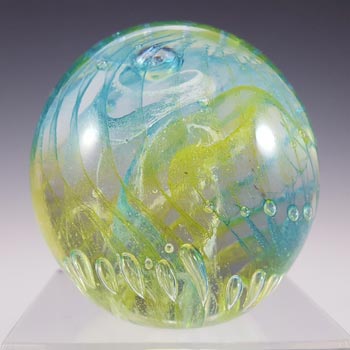 LABELLED Isle of Wight Studio Yellow & Blue Glass Paperweight