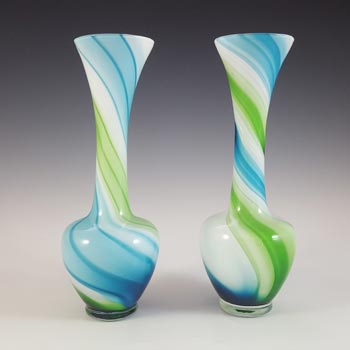 Japanese Pair of Blue, Green & White Vintage Glass Vases