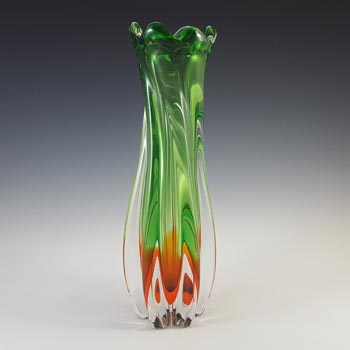 Japanese Green & Orange Glass Murano Style Ribbed Vase