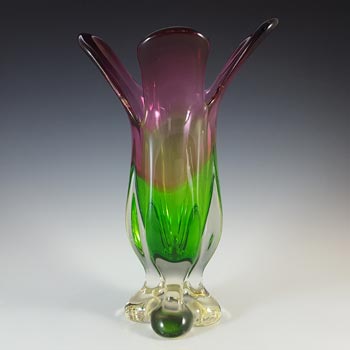 Vintage Pink & Green Glass Flower Shaped Vase, Large & Heavy