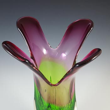 Chinese Pink & Green Glass Flower Shaped Vase, Large & Heavy