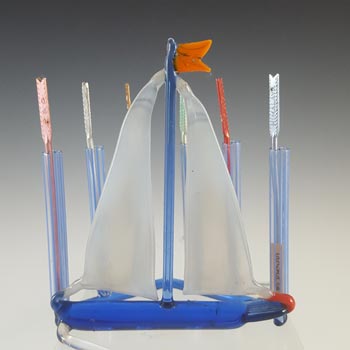 Bimini or Lauscha Blue & White Lampworked Glass Ship Toothpick Holder