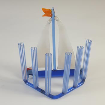 Bimini or Lauscha Blue & White Lampworked Glass Ship Toothpick Holder