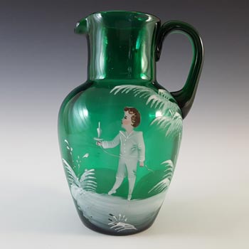 Mary Gregory Victorian Hand Enamelled Green Glass Jug