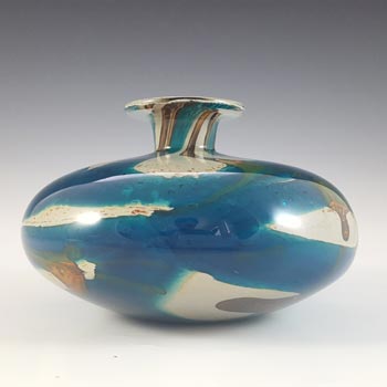 SIGNED Mdina Maltese Blue & Brown Glass 'Tiger' Squat Vase