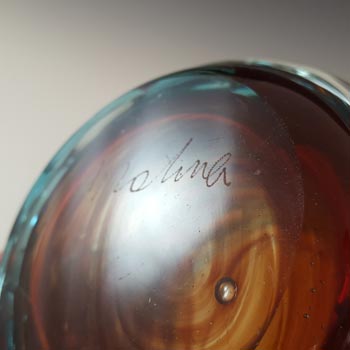 SIGNED Mdina Maltese Red & Blue Strapped Glass Vase