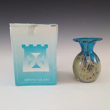 BOXED, SIGNED + LABEL Mdina Maltese Blue & Sandy Glass Vase