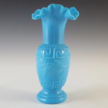 French Victorian Vintage Blue Milk Glass \'Greek Key\' Vase