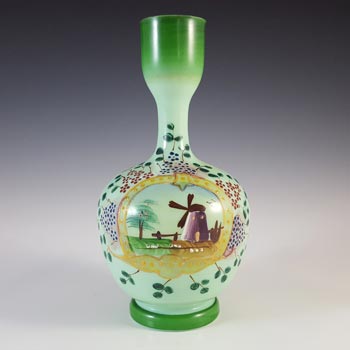 Victorian Hand Painted / Enamelled Green Glass Windmill Vase