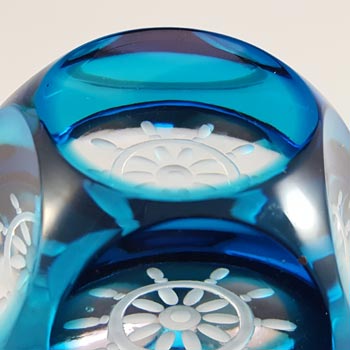 LABELLED Webb Corbett Blue Glass Ship's Wheel Paperweight