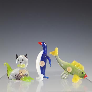 Japanese Lampworked Glass Penguin, Cat & Fish - Red Ball Label