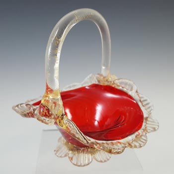 Murano / Venetian Red Glass & Gold Leaf Vintage Basket Bowl