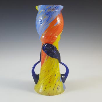 Czech Vintage Blue, Orange & Yellow Spatter Glass Vase