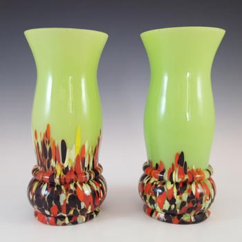 Czech Pair of Green, Red & Black Spatter Glass Vases