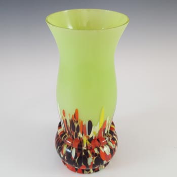 Czech Pair of Green, Red & Black Spatter Glass Vases