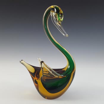 Murano Vintage Green & Amber Sommerso Glass Swan Figurine