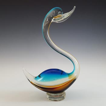 Murano Vintage Blue & Amber Sommerso Glass Swan Sculpture