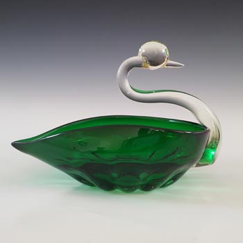 Japanese \"Best Art Glass\" Green & Clear Vintage Swan Bowl