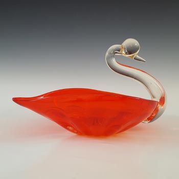 Japanese 'Best Art Glass' Red & Clear Vintage Swan Bowl