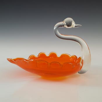 Japanese \"Best Art Glass\" Orange & Clear Retro Swan Bowl