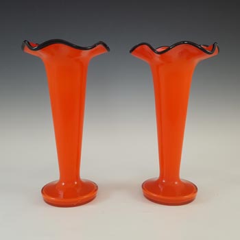Welz Pair of Czech Red & Black Glass Art Deco Tango Vases