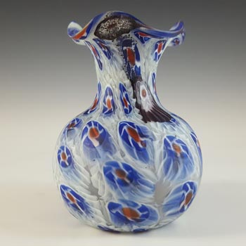 Fratelli Toso Millefiori Canes Murano Blue, White & Red Glass Vase