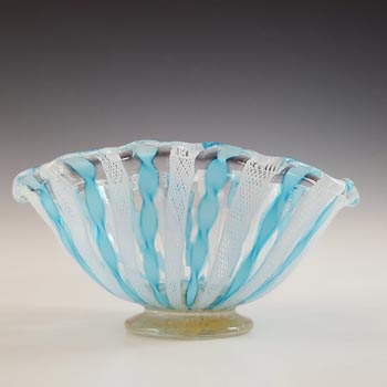 Murano Blue & White Glass Zanfirico Fazzoletto Posy Bowl / Vase