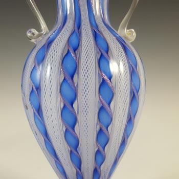 Murano Blue & White Glass Zanfirico Copper Aventurine Vase