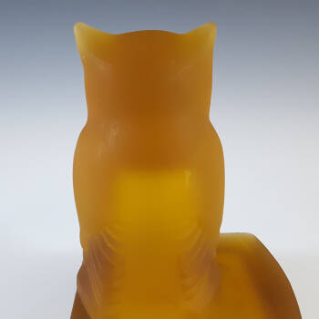 Bagley Art Deco Frosted Amber Glass Owl Bookends / Book Ends