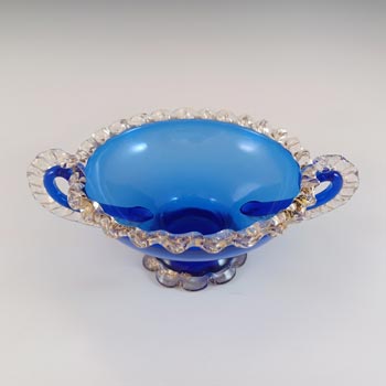Murano / Venetian Blue Glass & Gold Leaf Vintage Footed Bowl