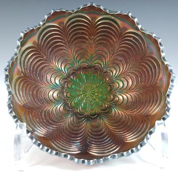 Fenton \'Peacock Tail\' Green Iridescent Carnival Glass Bowl