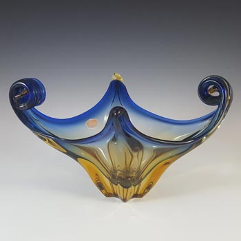 Murano Blue & Amber Cased Glass Vintage Sculpture Bowl